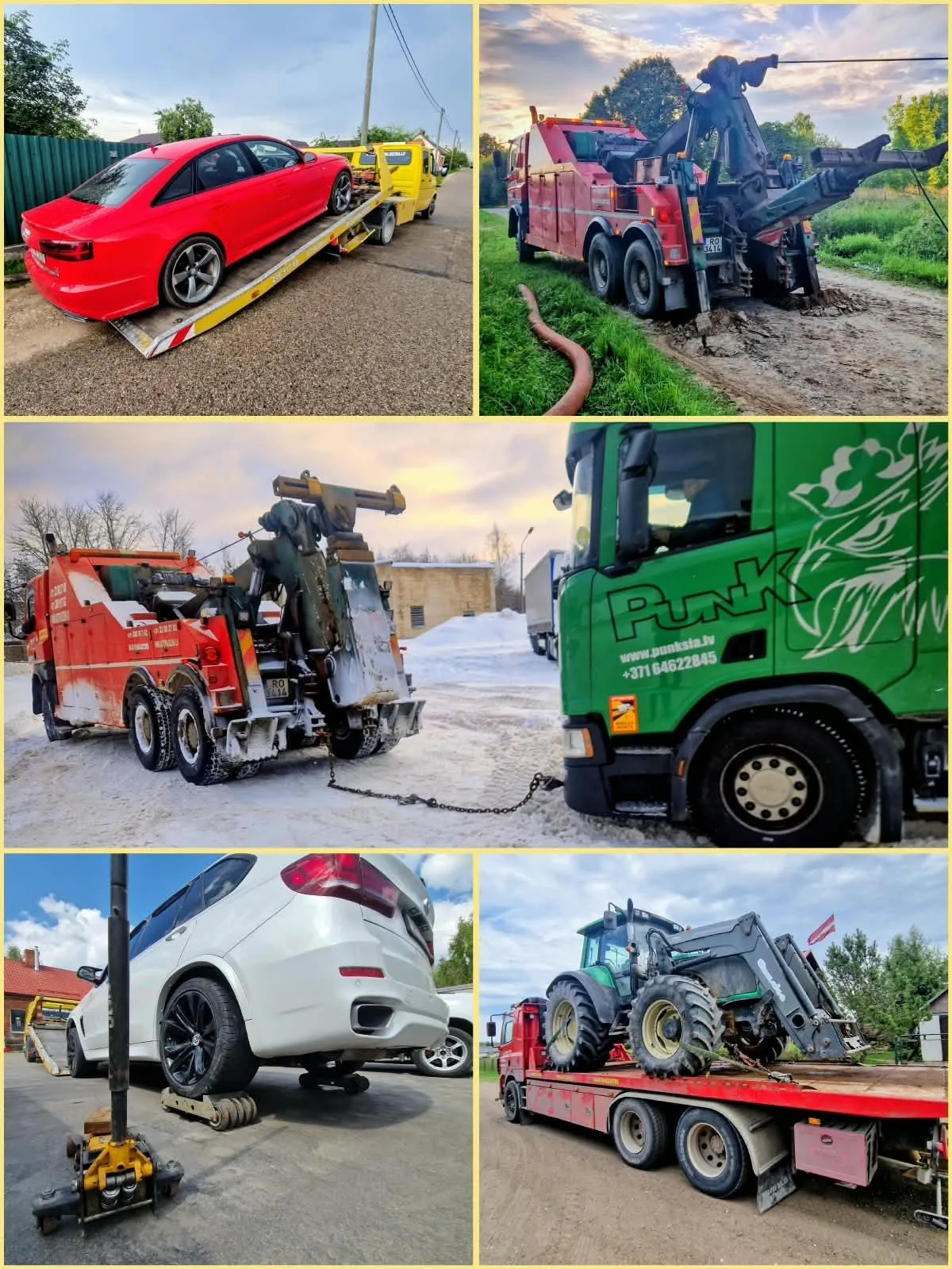 Collage of car, truck and machinery towing jobs